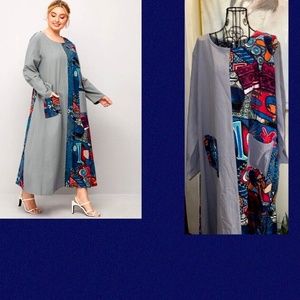 SHEIN GRAY/MULTI "GRAPHIC PRINT SPLICED DRESS~POCKETS~A-LINE~2XL